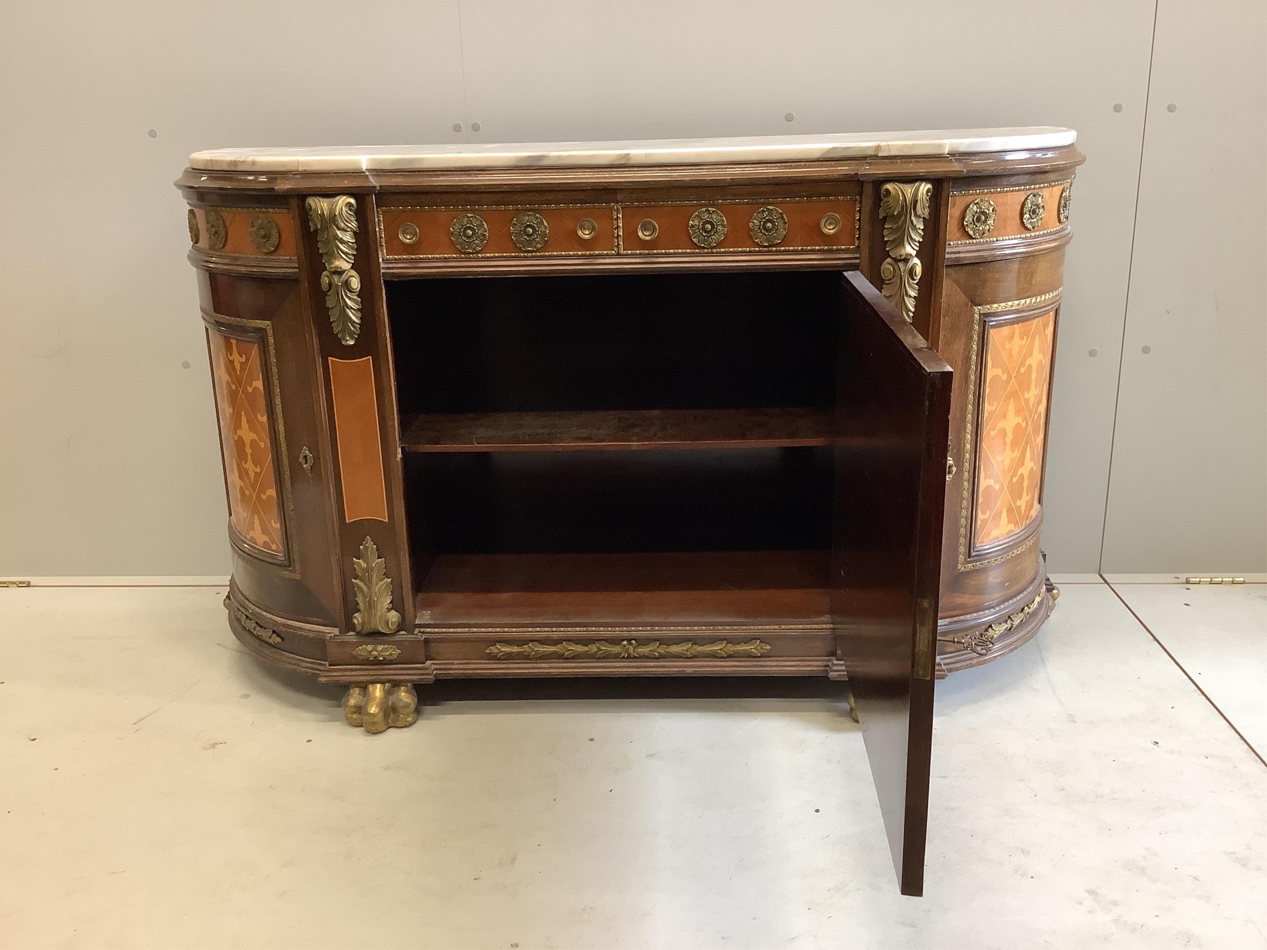 A Louis XV style inlaid marble topped side cabinet, width 144cm, depth 46cm, height 88cm. Condition - fair
